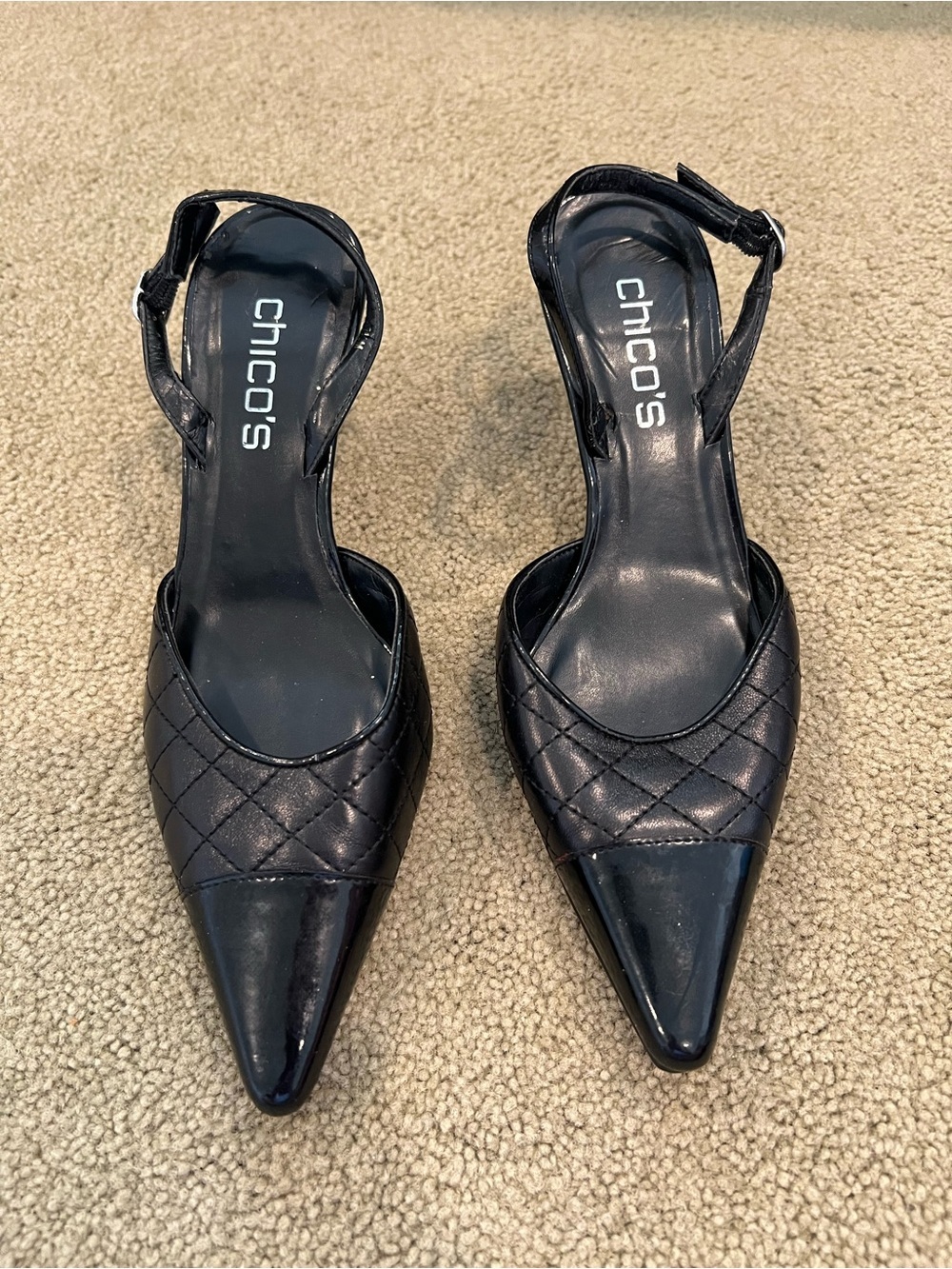 Chico’s Black Quilted Patent Cap Toe Slingback Heels Size 7.5